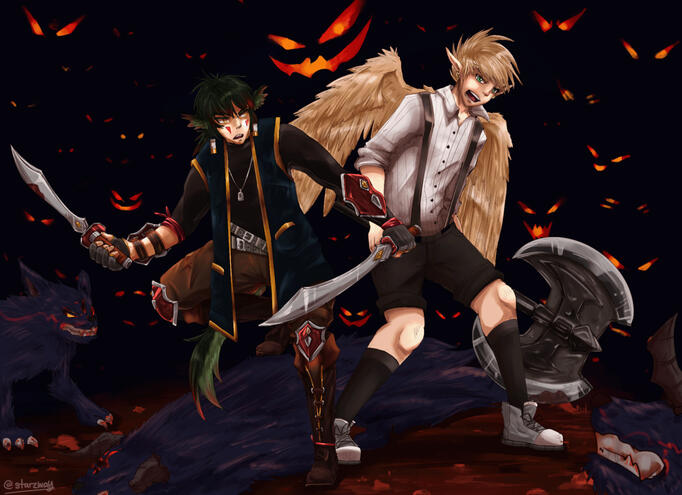 Two Original Characters Fighting off Wolves